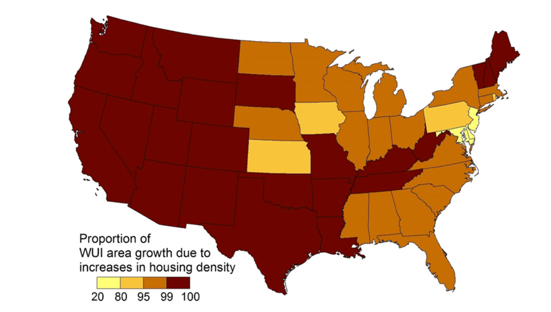 The proportion of new WUI area from 1990 to 2010 due to housing growth alone was greater than 80% in all but four northeastern states.